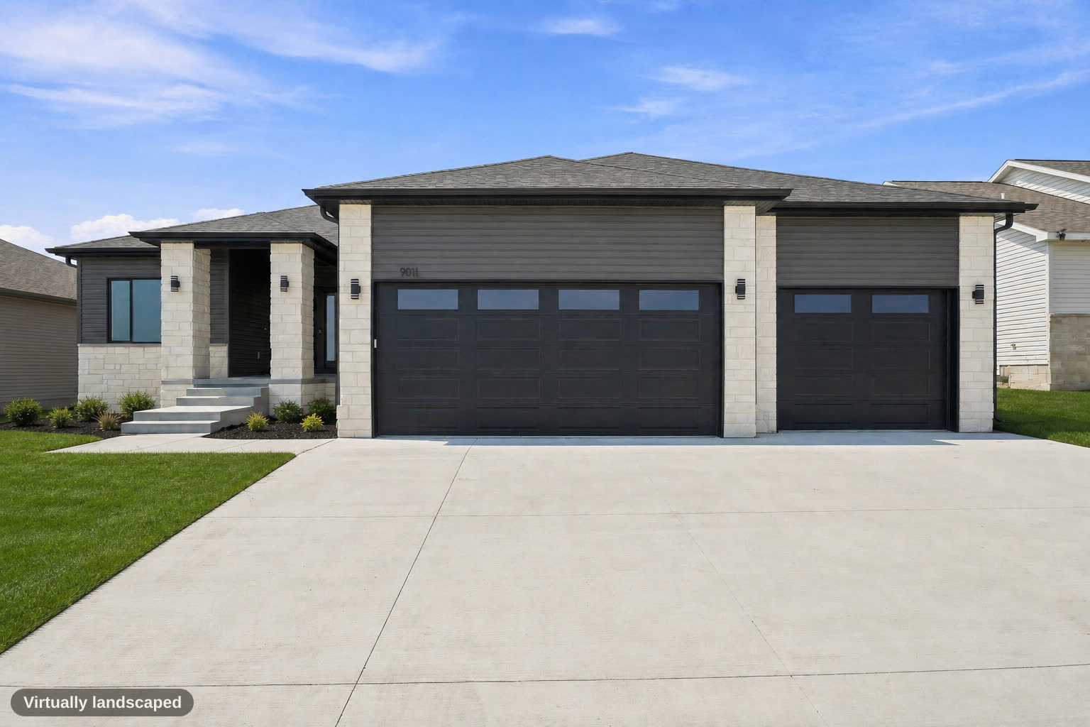 Same front elevation, virtually landscaped with lawn and foundation beds.