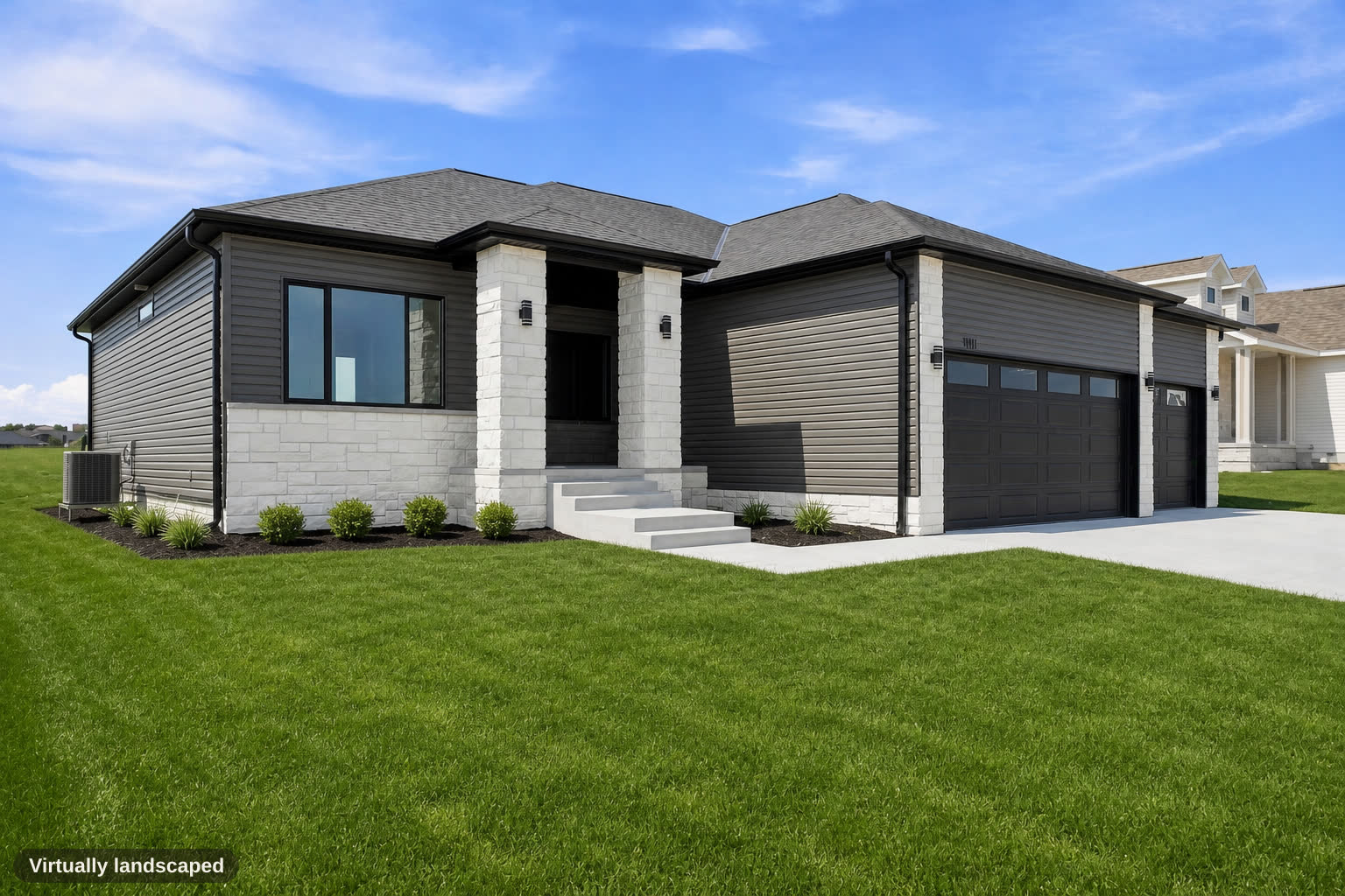 Same side yard, virtually landscaped with lawn, beds, and trees.